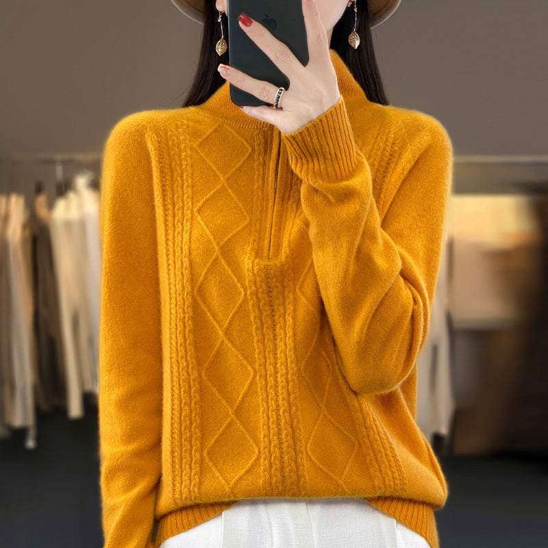 Half-zip stand-up collar pullover lazy style sweater for women autumn and winter loose and western style warm knitted bottoming shirt