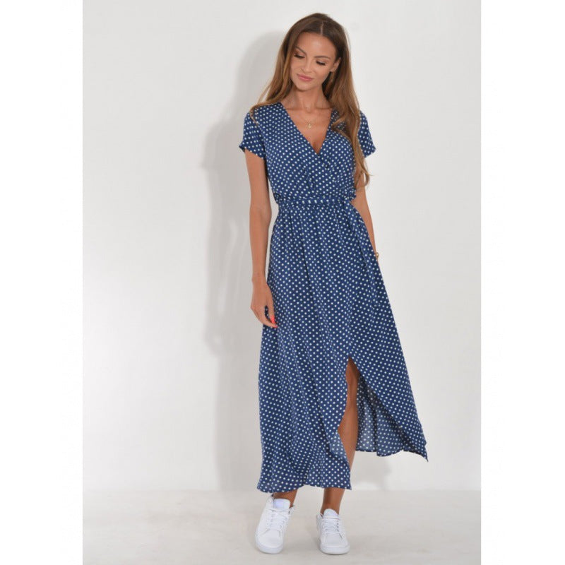 Printed dress summer V-neck slit mid-length women's clothing