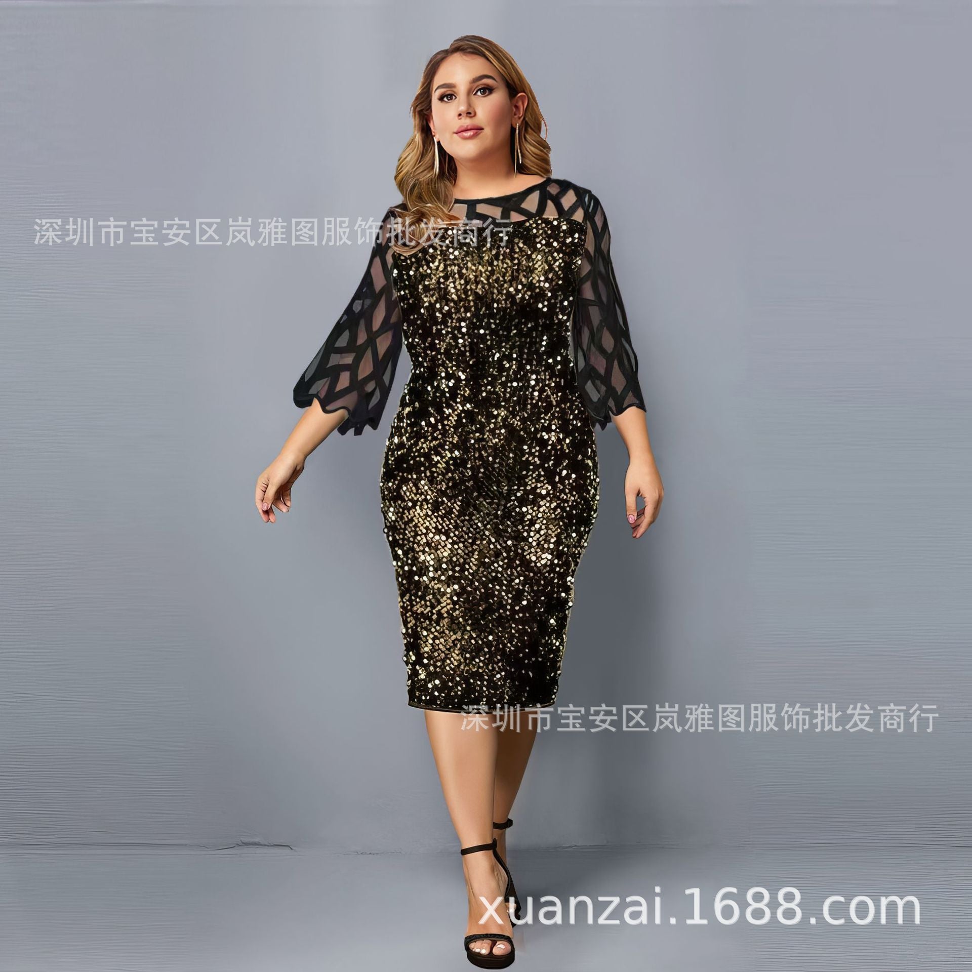 Supply Spring and Autumn Hot Style Personalized Sequin Design Large Size Women's Dress 10 Colors 8 Sizes