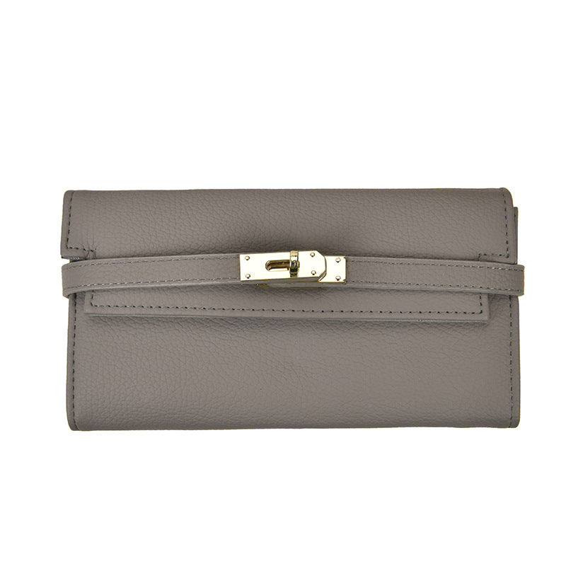 Summer new fashionable lychee pattern solid color women's clutch style multi-card slot lock buckle long money