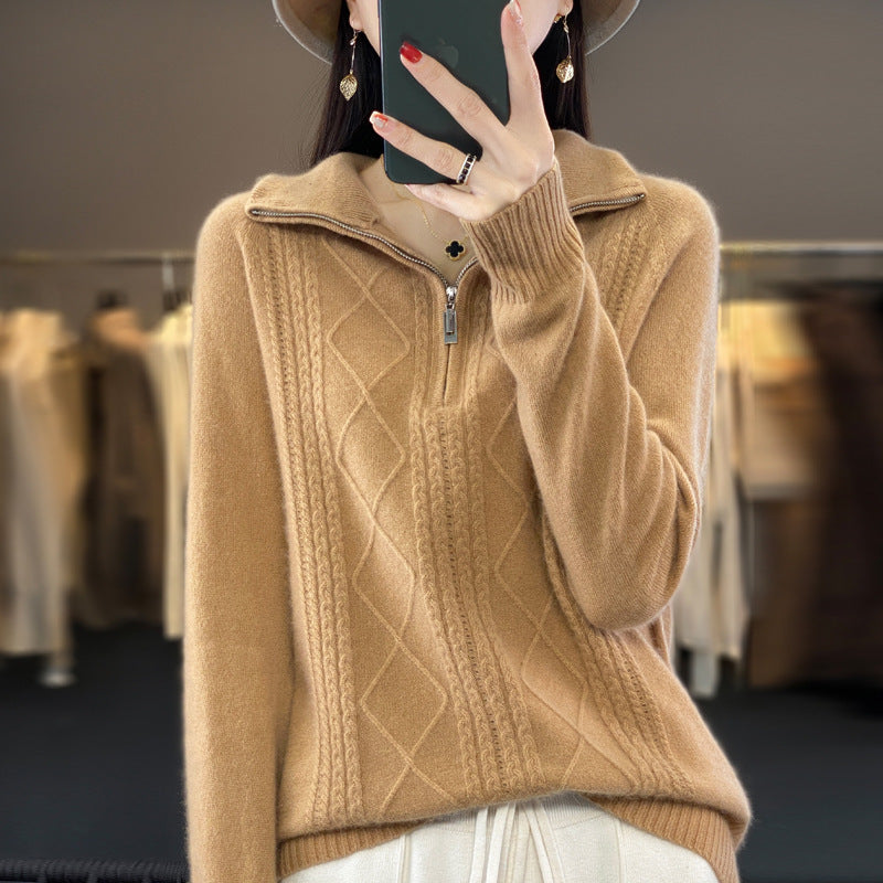 Half-zip stand-up collar pullover lazy style sweater for women autumn and winter loose and western style warm knitted bottoming shirt