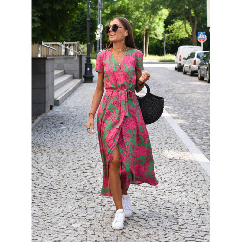 Printed dress summer V-neck slit mid-length women's clothing