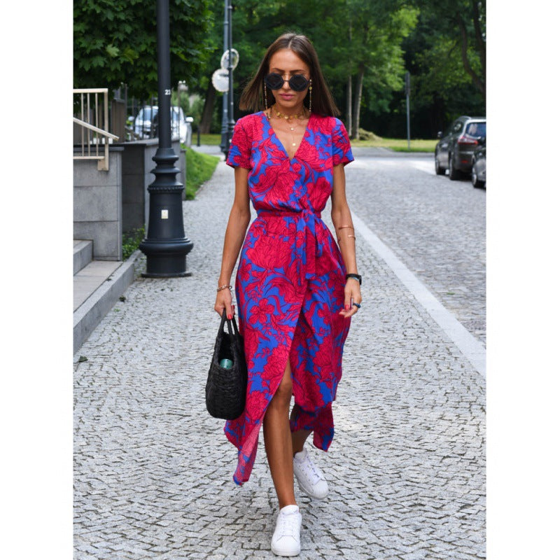 Printed dress summer V-neck slit mid-length women's clothing