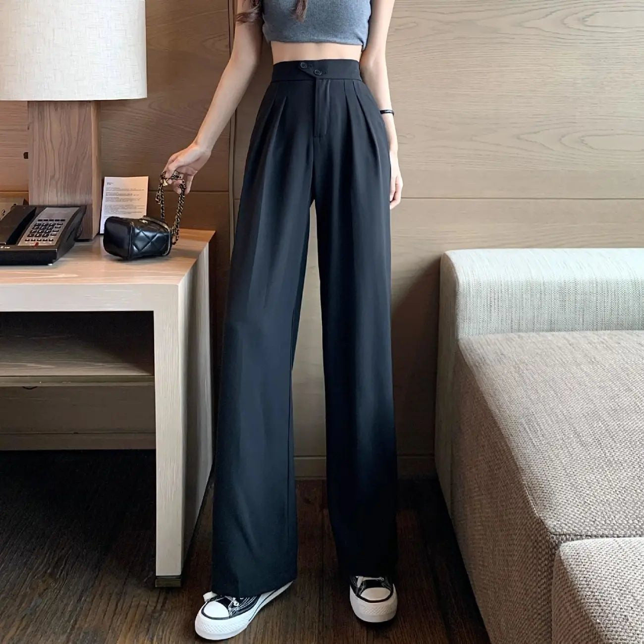 Women's new spring and summer suit pants, high-waisted, belly-covering, slimming, loose, casual, floor-length wide-leg long trousers