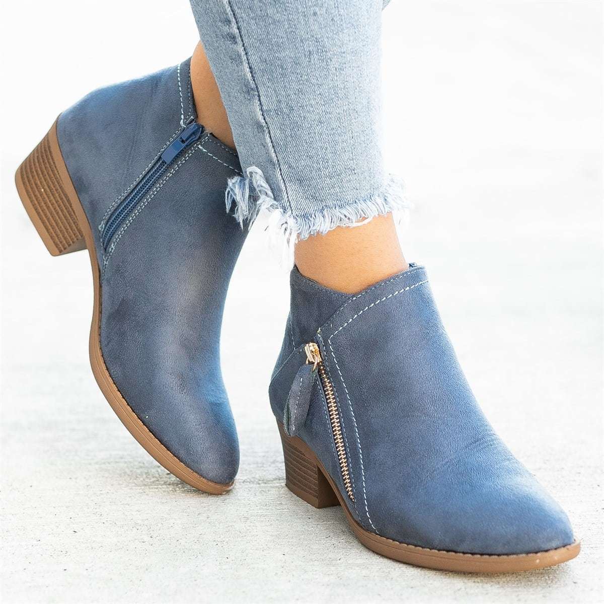 Autumn new women's boots round toe side zipper thick heel women's leather boots large size fashionable color fashion boots