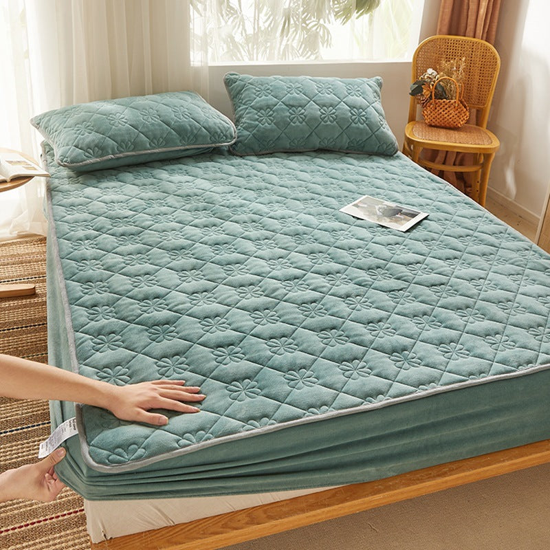 New solid color 200g milk velvet quilted quilted fitted sheet 90*200cm single fitted sheet lake green