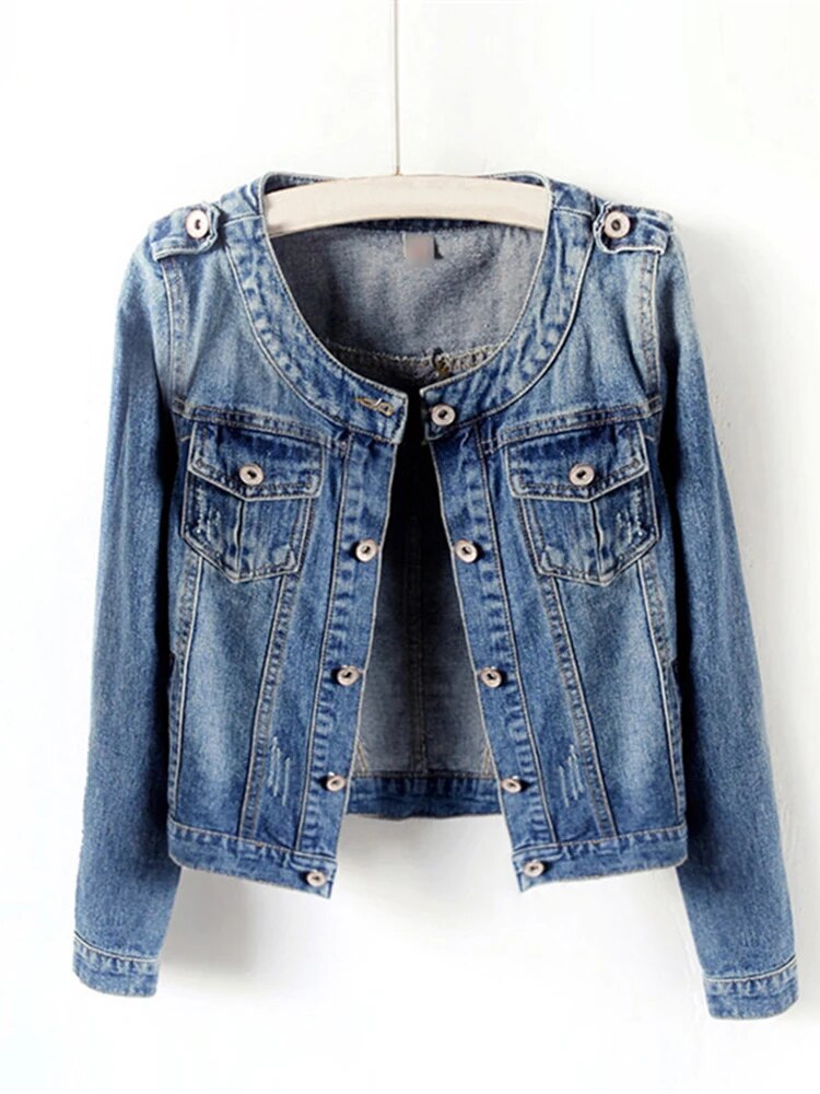 Factory new jacket Korean style round neck casual short top large size denim jacket for women