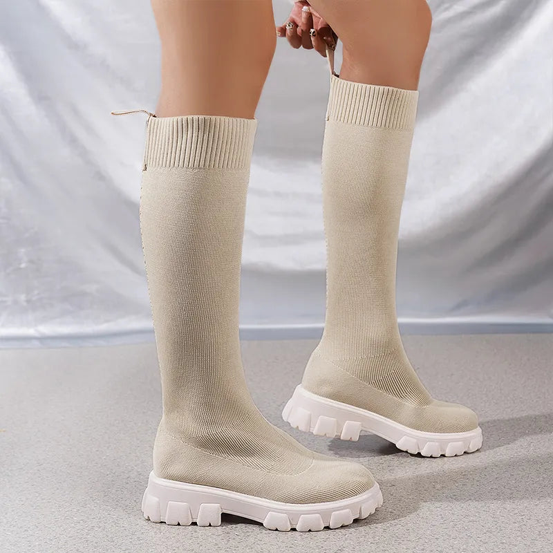 Autumn and winter thick-soled knitted long boots for women, socks, long boots, elastic no more than knee-high round-toe high boots