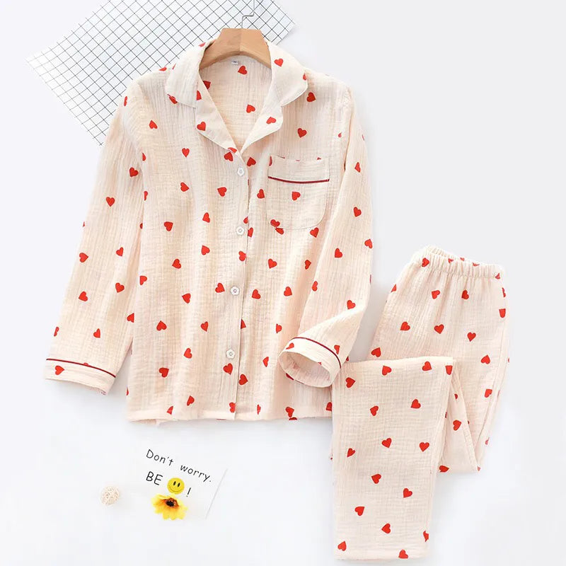 Spring and summer new pajamas set for women double-layer gauze washed cotton gauze crepe pajamas home clothes trousers living clothes