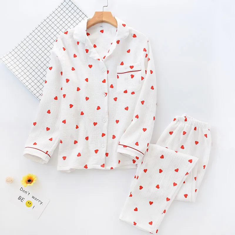 Spring and summer new pajamas set for women double-layer gauze washed cotton gauze crepe pajamas home clothes trousers living clothes