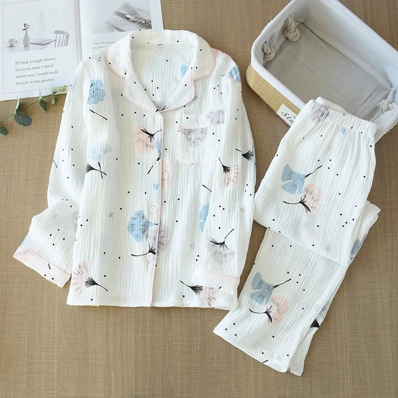 Spring and summer new pajamas set for women double-layer gauze washed cotton gauze crepe pajamas home clothes trousers living clothes