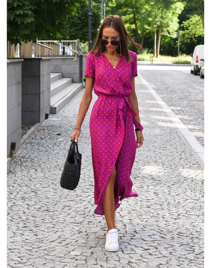 Printed dress summer V-neck slit mid-length women's clothing