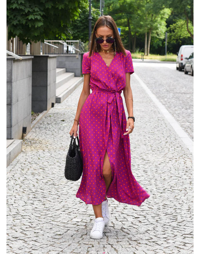 Printed dress summer V-neck slit mid-length women's clothing