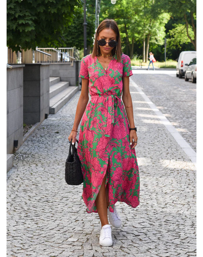 Printed dress summer V-neck slit mid-length women's clothing