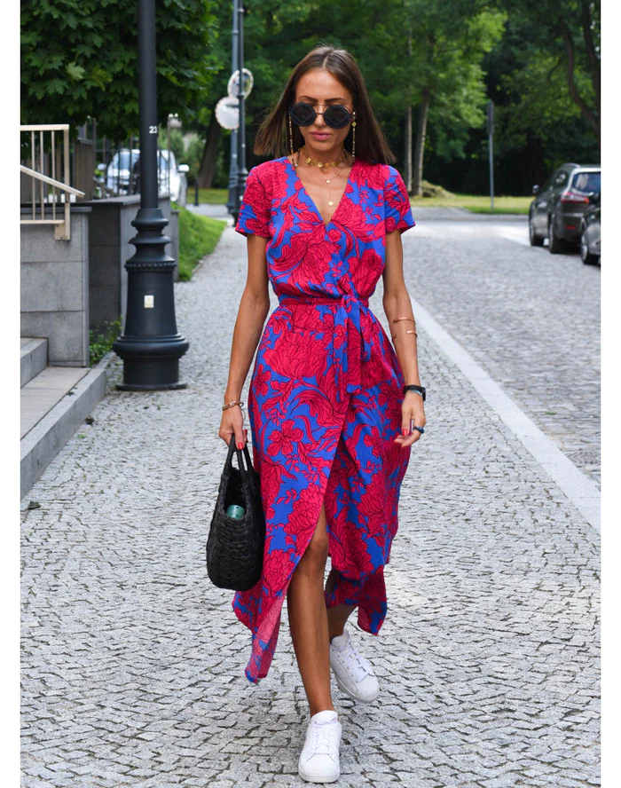 Printed dress summer V-neck slit mid-length women's clothing