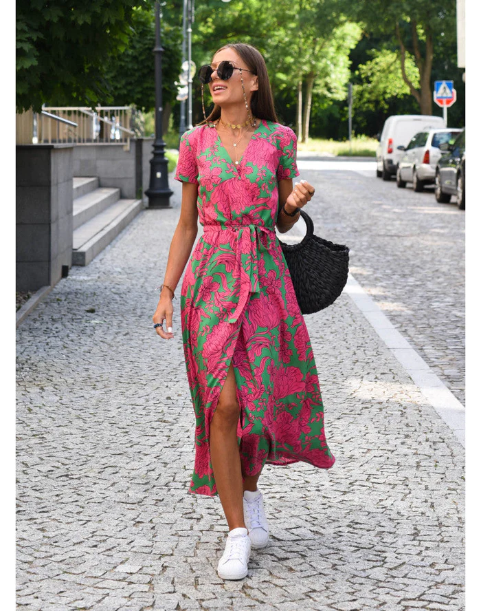 Printed dress summer V-neck slit mid-length women's clothing