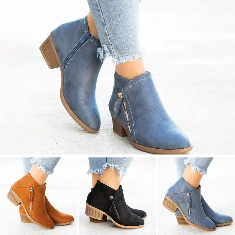 Autumn new women's boots round toe side zipper thick heel women's leather boots large size fashionable color fashion boots