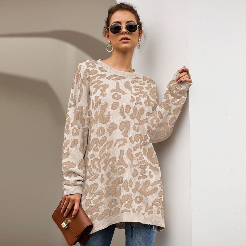 Popular mid-length leopard print sweater for women, versatile and lazy style sweater, loose pullover crew neck sweater