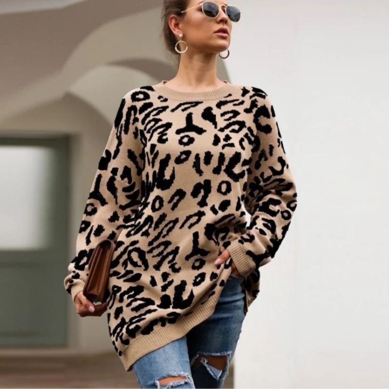 Popular mid-length leopard print sweater for women, versatile and lazy style sweater, loose pullover crew neck sweater