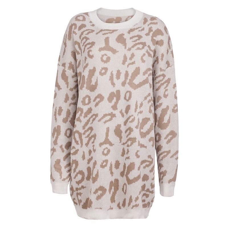 Popular mid-length leopard print sweater for women, versatile and lazy style sweater, loose pullover crew neck sweater