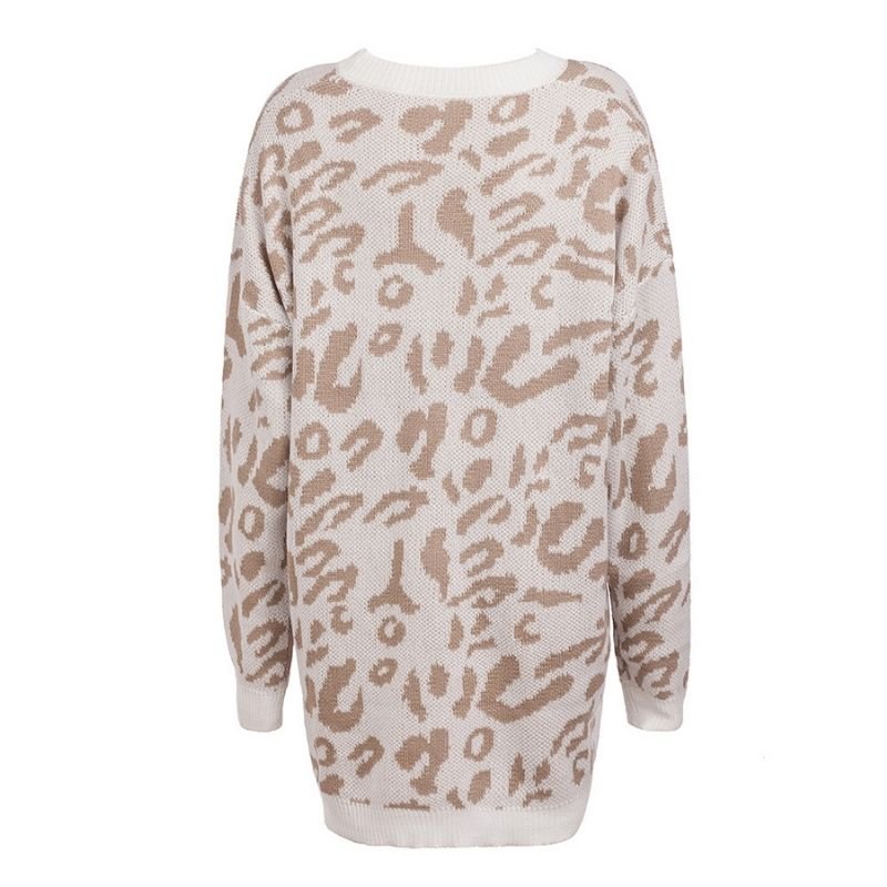 Popular mid-length leopard print sweater for women, versatile and lazy style sweater, loose pullover crew neck sweater