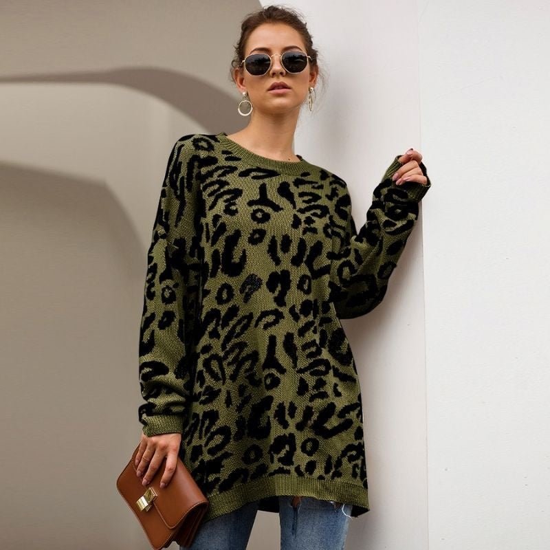 Popular mid-length leopard print sweater for women, versatile and lazy style sweater, loose pullover crew neck sweater